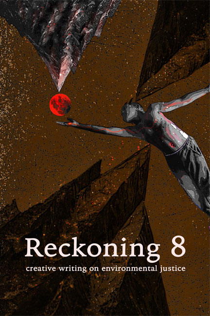 Cover art for Reckoning 9, "Open Chest" by Dante Luiz, featuring a faintly smiling Black woman in a lacy, white, off-the-shoulder dress opening her chest to reveal vines, white flowers and darkness