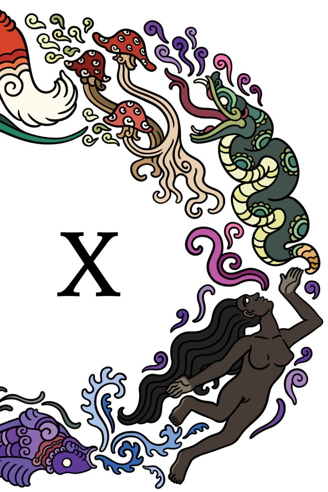 Cover art for Reckoning X by Moníca Robles Corzo, featuring a fish, a human, a snake, some mushrooms, and the tail of a fox in a semicircle surrounded by curlicues representing communication, with a big black X in the middle, against a white background.